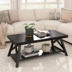 Pisits Pine Veneer Coffee Table with Metal Frame and Lower Shelf for Living Rooms