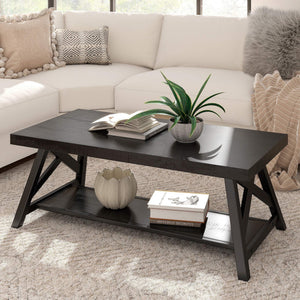 Pisits Pine Veneer Coffee Table with Metal Frame and Lower Shelf for Living Rooms