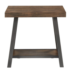 Industrial End Table with X Cross Metal Base and Wood Veneer Top for Living Room