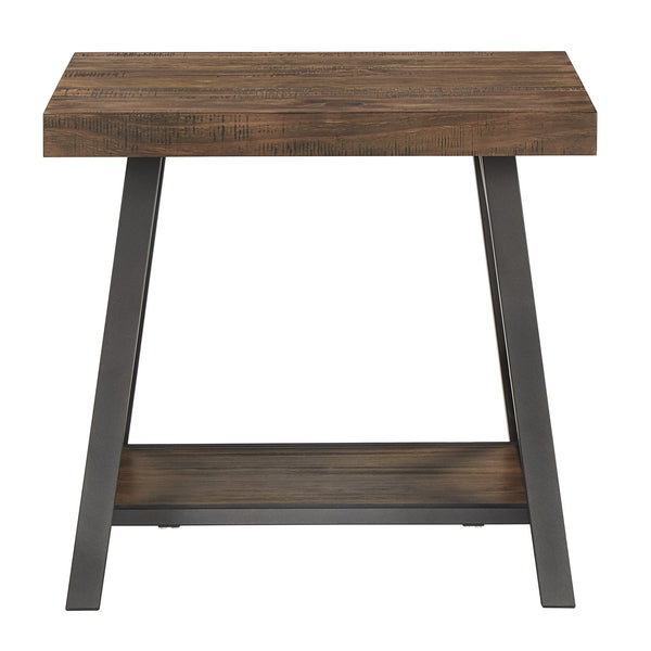 Industrial End Table with X Cross Metal Base and Wood Veneer Top for Living Room