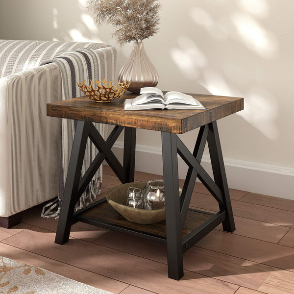 Industrial End Table with X Cross Metal Base and Wood Veneer Top for Living Room