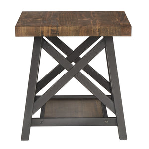 Industrial End Table with X Cross Metal Base and Wood Veneer Top for Living Room