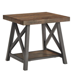 Industrial End Table with X Cross Metal Base and Wood Veneer Top for Living Room