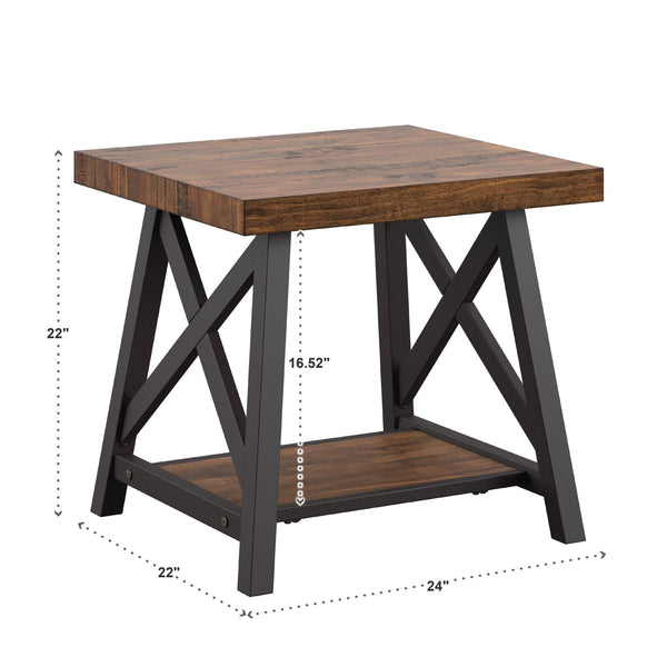 Industrial End Table with X Cross Metal Base and Wood Veneer Top for Living Room