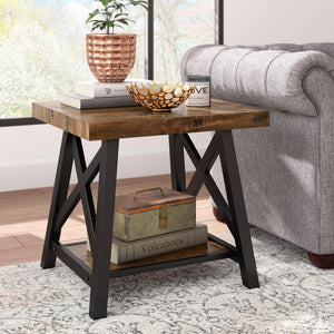 Industrial End Table with X Cross Metal Base and Wood Veneer Top for Living Room
