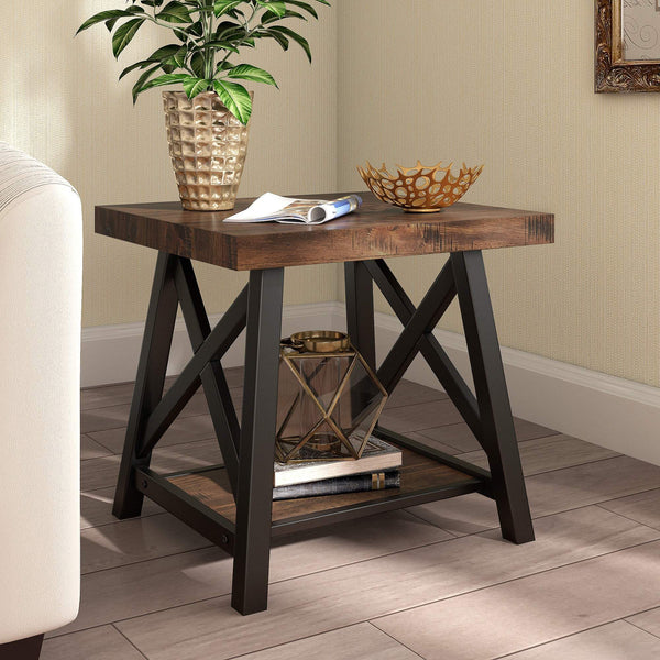 Industrial End Table with X Cross Metal Base and Wood Veneer Top for Living Room