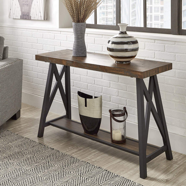 Pisits Veneer Top Sofa Console Table with Metal Base and Open Storage Shelf