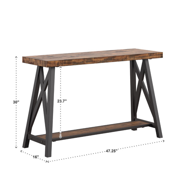 Pisits Veneer Top Sofa Console Table with Metal Base and Open Storage Shelf