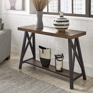 Pisits Veneer Top Sofa Console Table with Metal Base and Open Storage Shelf