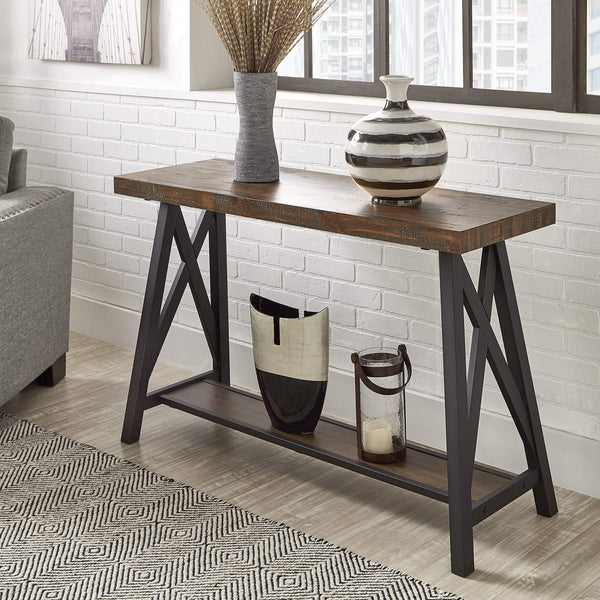 Pisits Veneer Top Sofa Console Table with Metal Base and Open Storage Shelf