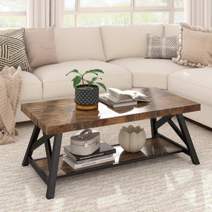 Pisits Pine Veneer Coffee Table with Metal Frame and Lower Shelf for Living Rooms