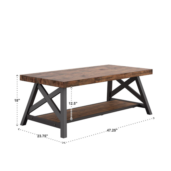 Pisits Pine Veneer Coffee Table with Metal Frame and Lower Shelf for Living Rooms