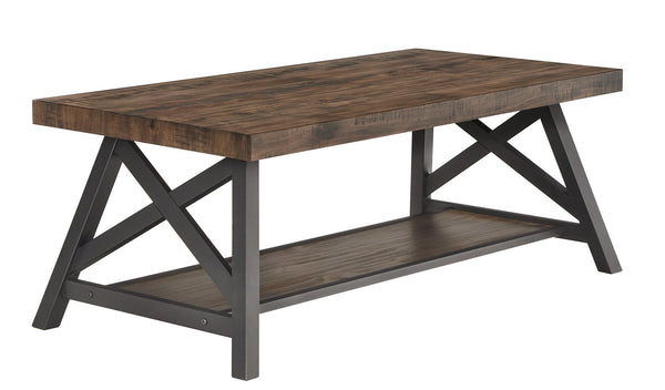 Pisits Pine Veneer Coffee Table with Metal Frame and Lower Shelf for Living Rooms