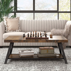 Pisits Pine Veneer Coffee Table with Metal Frame and Lower Shelf for Living Rooms