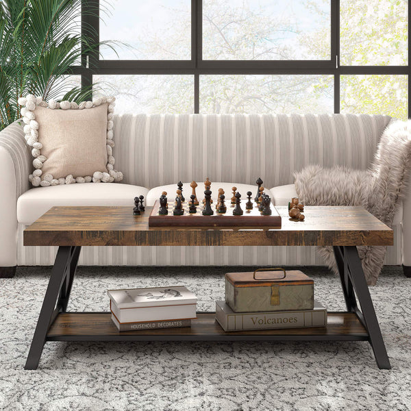 Pisits Pine Veneer Coffee Table with Metal Frame and Lower Shelf for Living Rooms