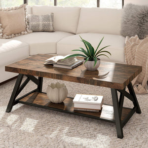 Pisits Pine Veneer Coffee Table with Metal Frame and Lower Shelf for Living Rooms