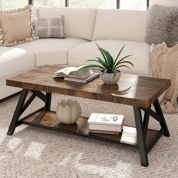 Pisits Pine Veneer Coffee Table with Metal Frame and Lower Shelf for Living Rooms