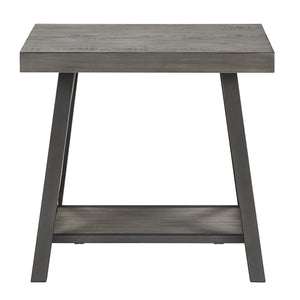 Industrial End Table with X Cross Metal Base and Wood Veneer Top for Living Room