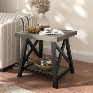 Industrial End Table with X Cross Metal Base and Wood Veneer Top for Living Room