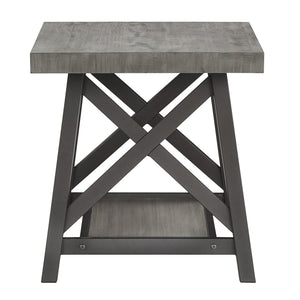 Industrial End Table with X Cross Metal Base and Wood Veneer Top for Living Room