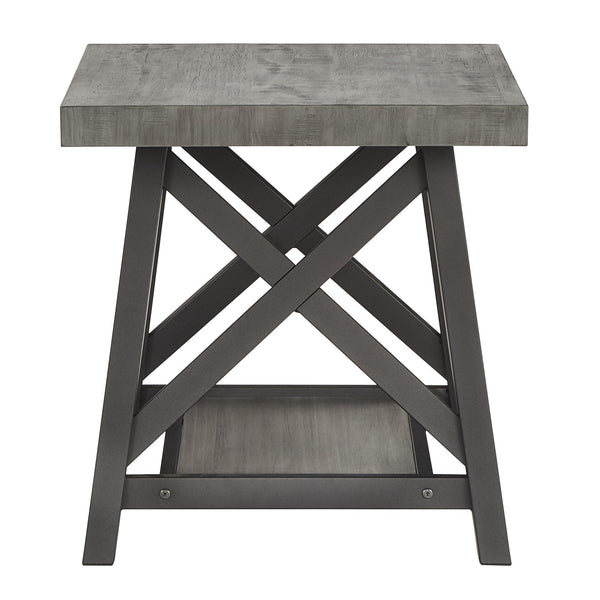 Industrial End Table with X Cross Metal Base and Wood Veneer Top for Living Room