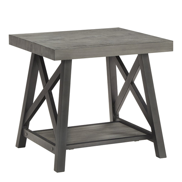 Industrial End Table with X Cross Metal Base and Wood Veneer Top for Living Room