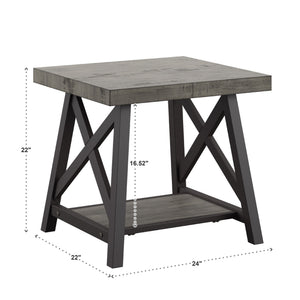 Industrial End Table with X Cross Metal Base and Wood Veneer Top for Living Room