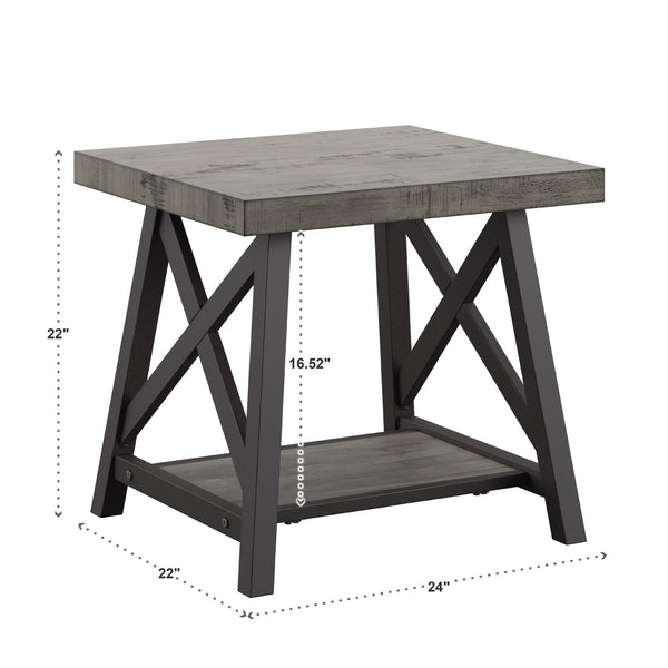 Industrial End Table with X Cross Metal Base and Wood Veneer Top for Living Room