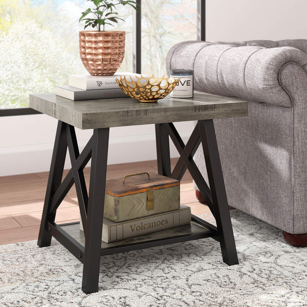 Industrial End Table with X Cross Metal Base and Wood Veneer Top for Living Room