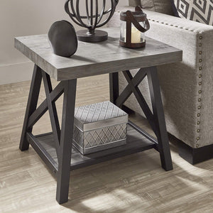 Industrial End Table with X Cross Metal Base and Wood Veneer Top for Living Room