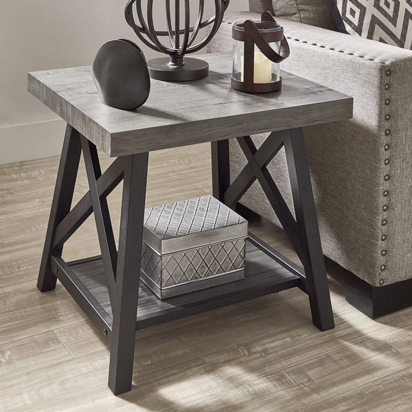 Industrial End Table with X Cross Metal Base and Wood Veneer Top for Living Room