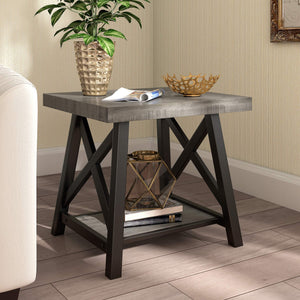 Industrial End Table with X Cross Metal Base and Wood Veneer Top for Living Room