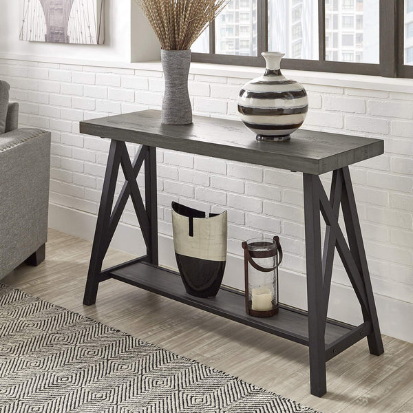 Pisits Veneer Top Sofa Console Table with Metal Base and Open Storage Shelf