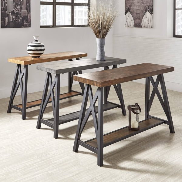 Pisits Veneer Top Sofa Console Table with Metal Base and Open Storage Shelf