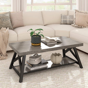 Pisits Pine Veneer Coffee Table with Metal Frame and Lower Shelf for Living Rooms