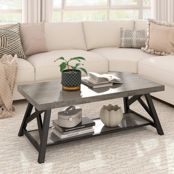 Pisits Pine Veneer Coffee Table with Metal Frame and Lower Shelf for Living Rooms