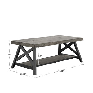 Pisits Pine Veneer Coffee Table with Metal Frame and Lower Shelf for Living Rooms