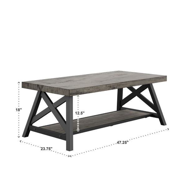 Pisits Pine Veneer Coffee Table with Metal Frame and Lower Shelf for Living Rooms