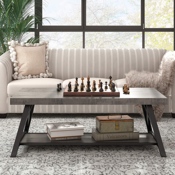 Pisits Pine Veneer Coffee Table with Metal Frame and Lower Shelf for Living Rooms
