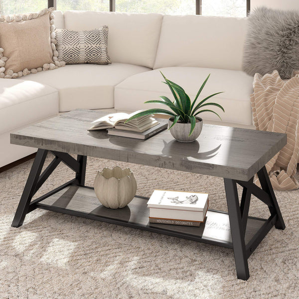 Pisits Pine Veneer Coffee Table with Metal Frame and Lower Shelf for Living Rooms