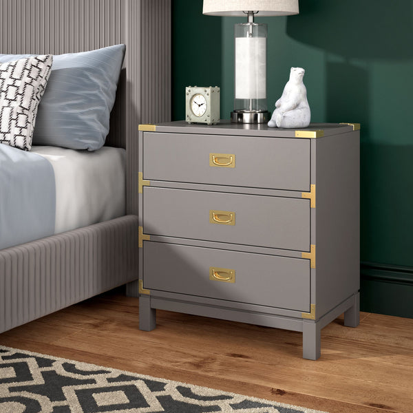 Delacour 3 Drawer Nightstand Poplar Wood Gold Pulls Soft Close Bedroom Storage