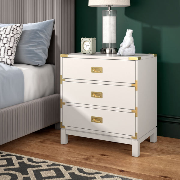 Delacour 3 Drawer Nightstand Poplar Wood Gold Pulls Soft Close Bedroom Storage
