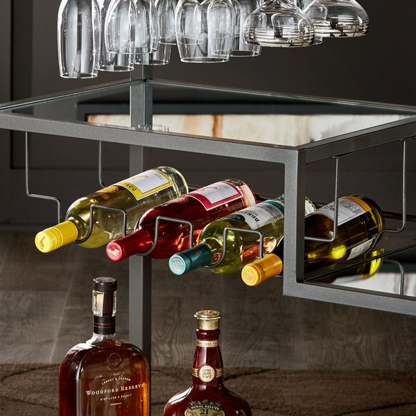 Aleena Mirrored Bar Cart with Wine Rack Glass Shelves and Rolling Stemware Storage