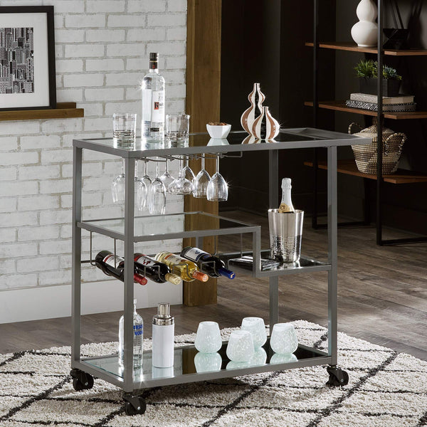Aleena Mirrored Bar Cart with Wine Rack Glass Shelves and Rolling Stemware Storage