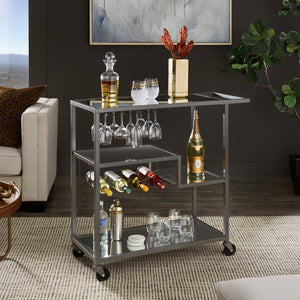 Aleena Mirrored Bar Cart with Wine Rack Glass Shelves and Rolling Stemware Storage