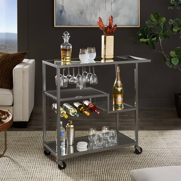Aleena Mirrored Bar Cart with Wine Rack Glass Shelves and Rolling Stemware Storage