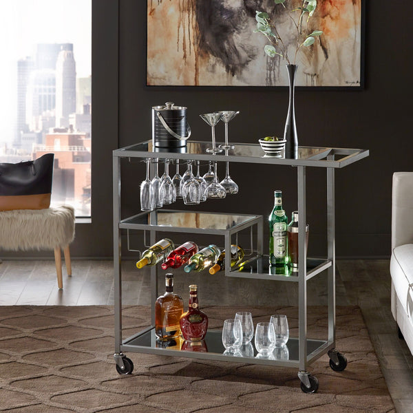 Aleena Mirrored Bar Cart with Wine Rack Glass Shelves and Rolling Stemware Storage