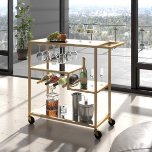 Aleena Mirrored Bar Cart with Wine Rack Glass Shelves and Rolling Stemware Storage