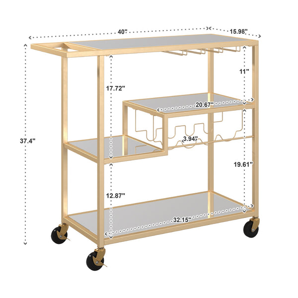 Aleena Mirrored Bar Cart with Wine Rack Glass Shelves and Rolling Stemware Storage