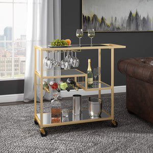 Aleena Mirrored Bar Cart with Wine Rack Glass Shelves and Rolling Stemware Storage